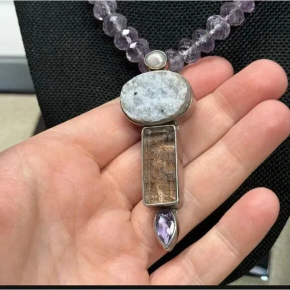 Echo of the Dreamer Necklace Faceted Amethyst Beads Druzy Quartz Pearl 18" - Picture 4 of 6
